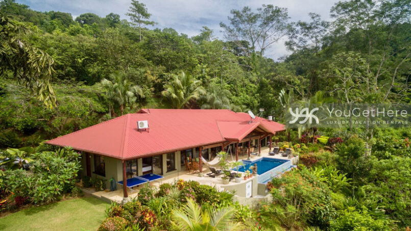 Aerial view of Villa Koora vacation home and pool in Costa Rica.