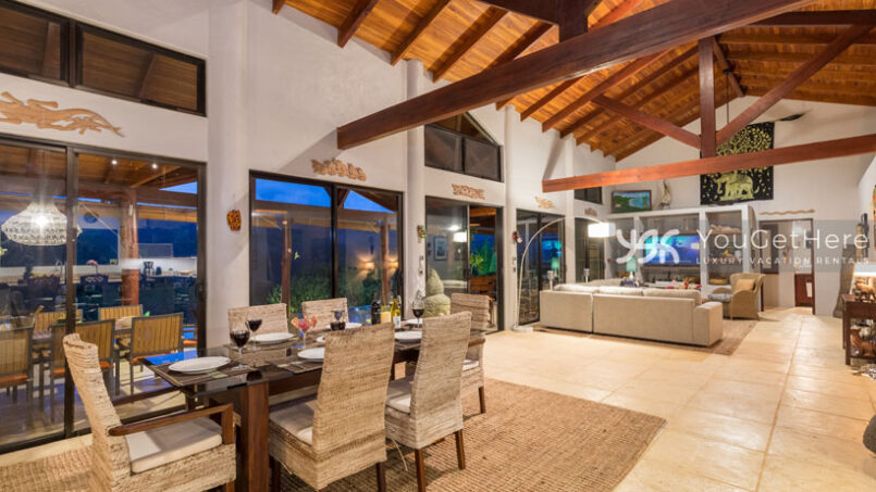 Beautifully designed vaulted wood ceiling beams over large open living space at Villa Koora Costa Rica.