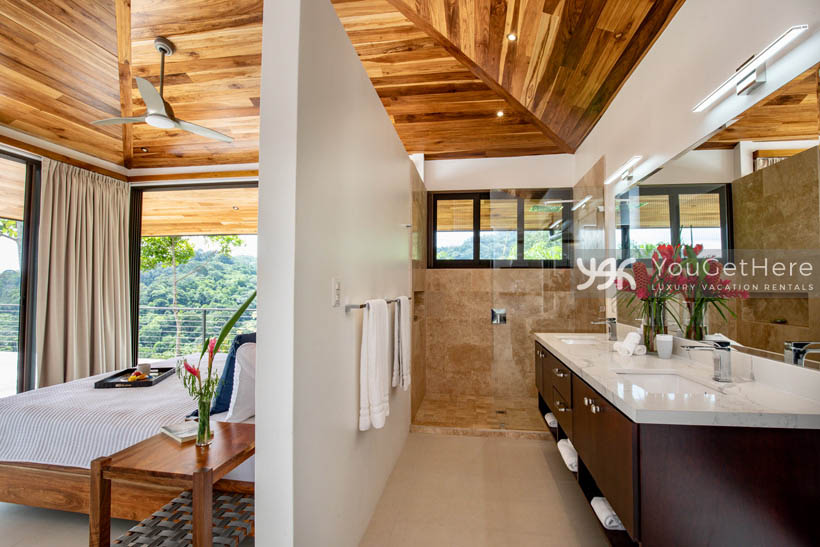 Villa Dalu Master bedroom design with beautiful custom wood ceiling overhead.