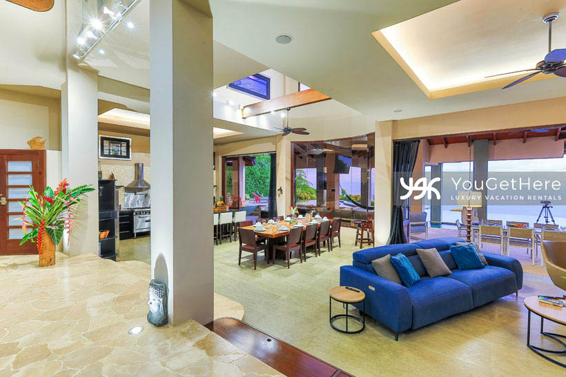Jade House Costa Rica open floor plan with vaulted ceilings view of guest suite walkway on second floor.