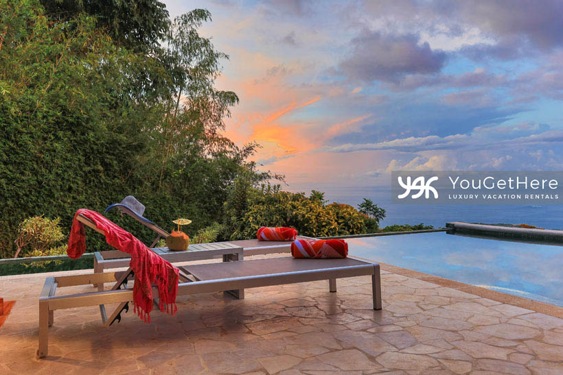 Jade House Costa Rica pool deck lounge chairs with huge ocean view.