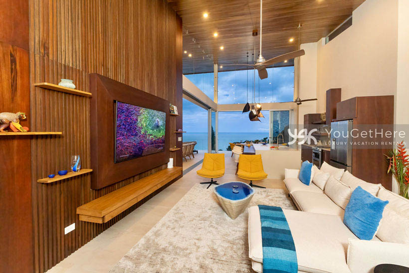 Unique interior design at luxury Costa Rica vacation villa with tropical decor and bright furnishings.
