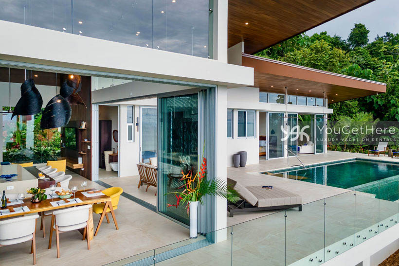 Costa Rica vacation home with dining for six overlooking the balcony to the beaches of Southern Zone Costa Rica.