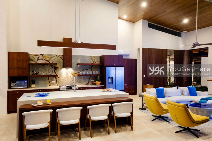 Costa Rica luxury vacation rental with towering vaulted ceilings over state of the art kitchen and living area.