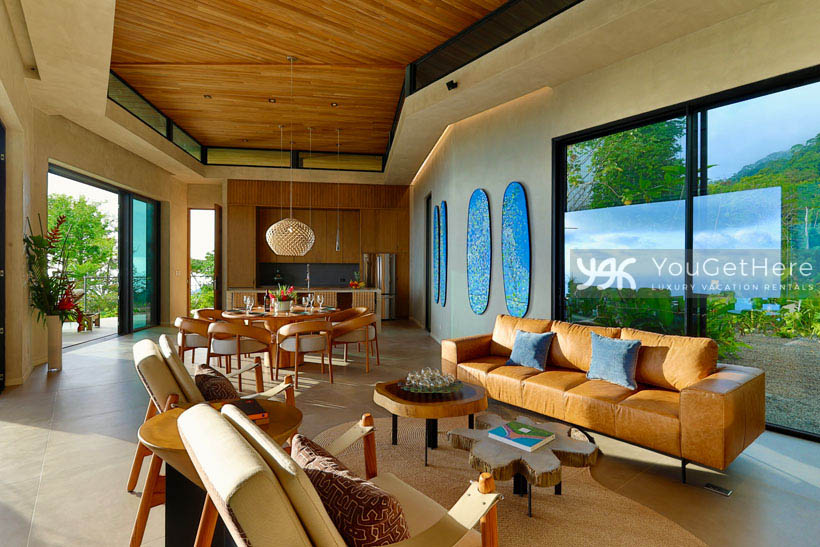 Casa Komorebi Costa Rican Vacation flowing living space from kitchen to dining to living rooms, all with ocean views.