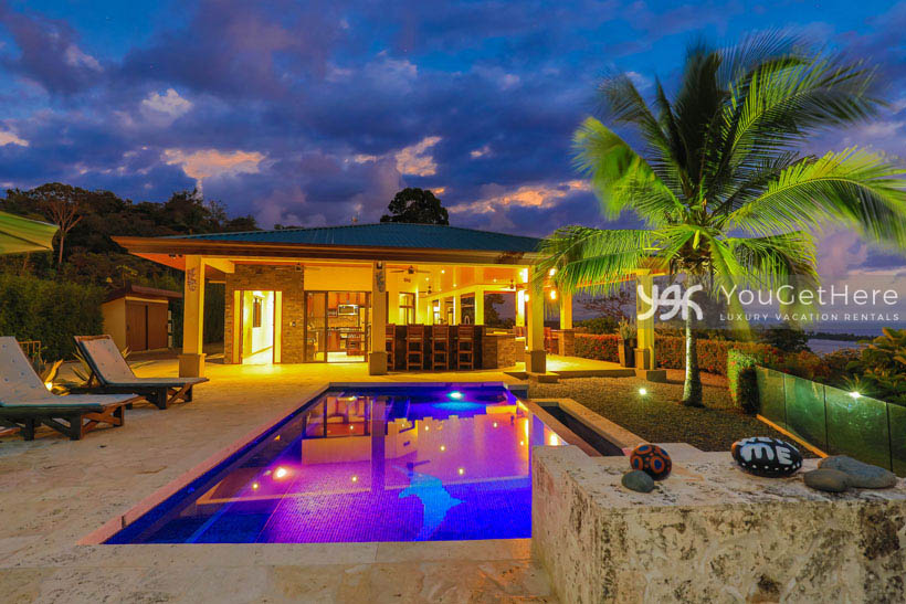 Casa en el Cielo Ojochal Costa Rica Vacation Villa at Sunset with Pool lighting